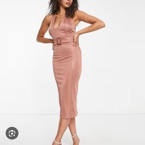 ASOS DESIGN Tall belted u neckline midi dress in rose pink.